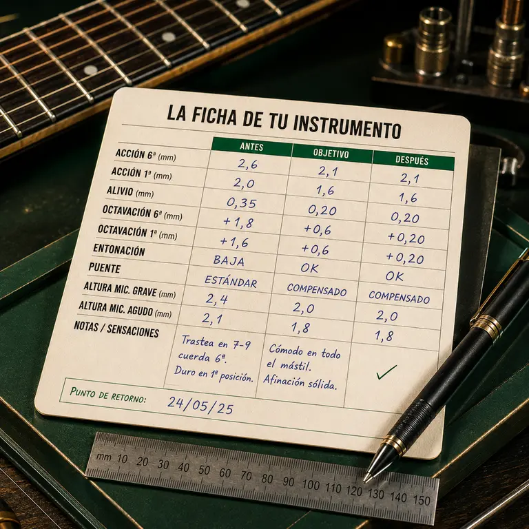 La Ficha de tu Instrumento, formulario de banco completado a mano con antes, objetivo y después.